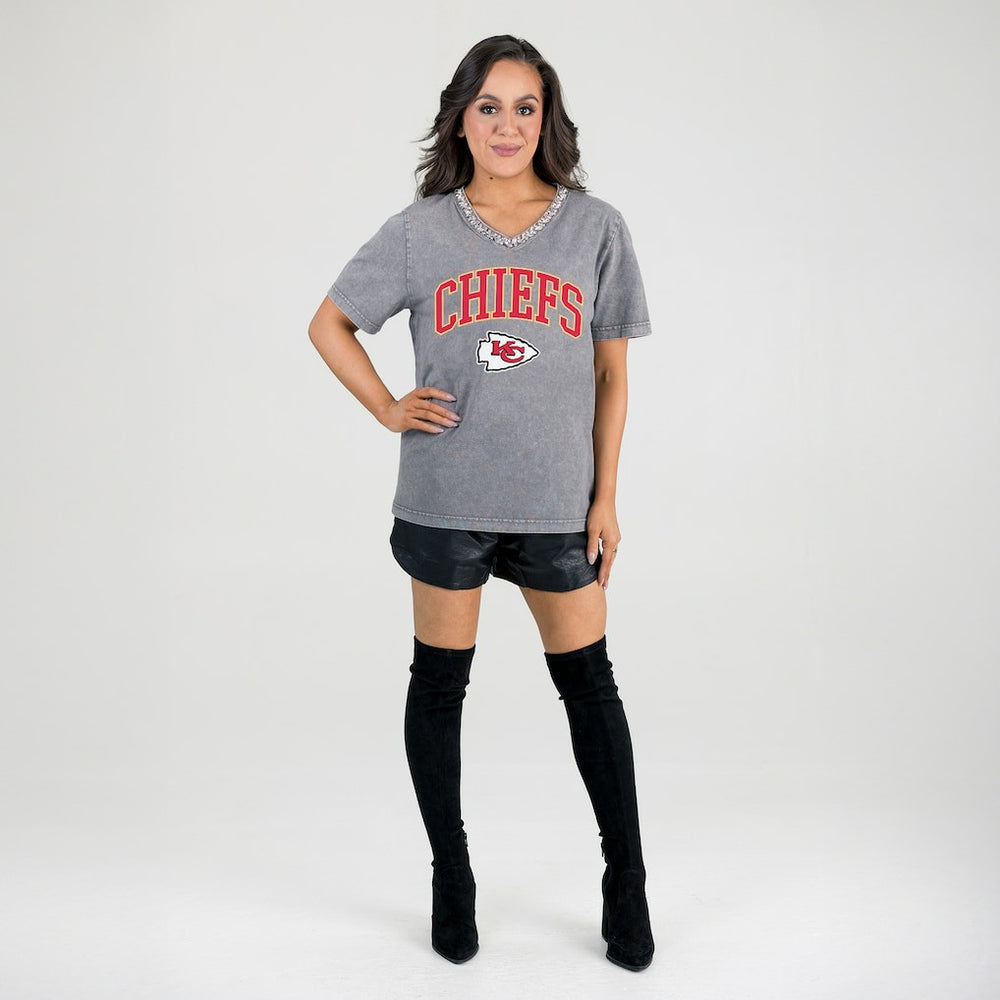 Gameday Couture Women's Relaxed Iconic Edge Rhinestone V-Neck T-Shirt - Kansas City Chiefs T-shirts