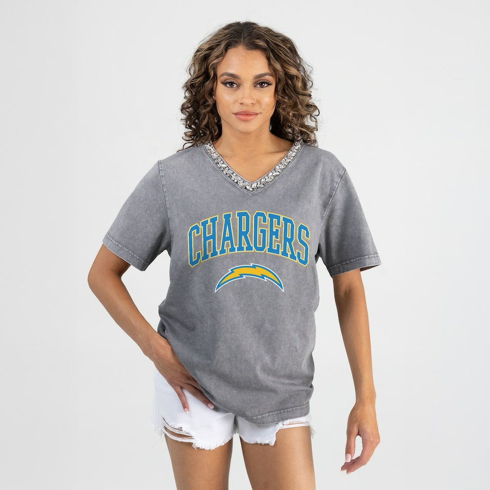 Gameday Couture Women's Relaxed Iconic Edge Rhinestone V-Neck T-Shirt - Los Angeles Chargers T-shirts