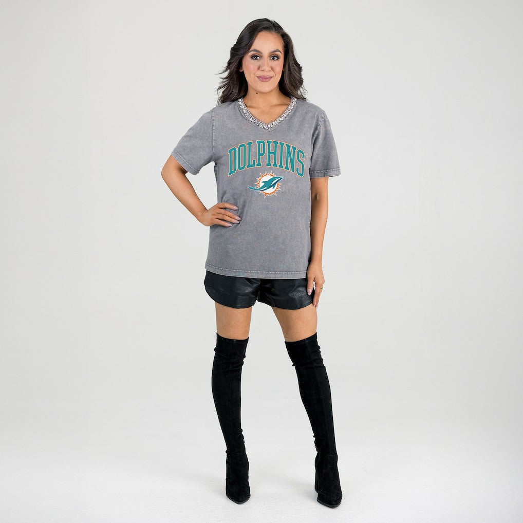 Gameday Couture Women's Relaxed Iconic Edge Rhinestone V-Neck T-Shirt - Miami Dolphins T-shirts