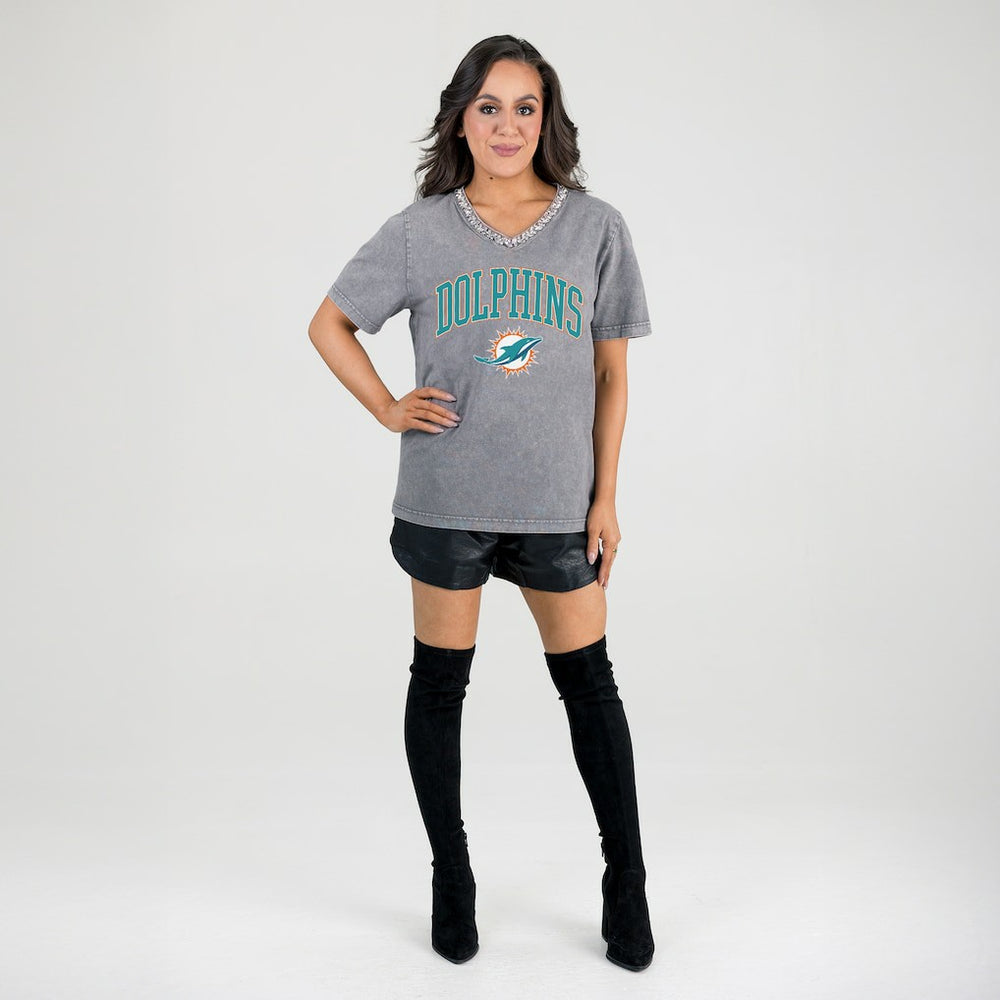 Gameday Couture Women's Relaxed Iconic Edge Rhinestone V-Neck T-Shirt - Miami Dolphins T-shirts