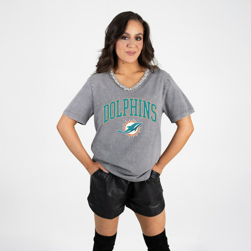 Gameday Couture Women's Relaxed Iconic Edge Rhinestone V-Neck T-Shirt - Miami Dolphins T-shirts