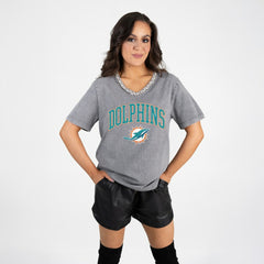 Gameday Couture Women's Relaxed Iconic Edge Rhinestone V-Neck T-Shirt - Miami Dolphins T-shirts