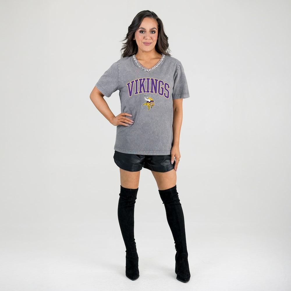 Gameday Couture Women's Relaxed Iconic Edge Rhinestone V-Neck T-Shirt - Minnesota Vikings T-shirts