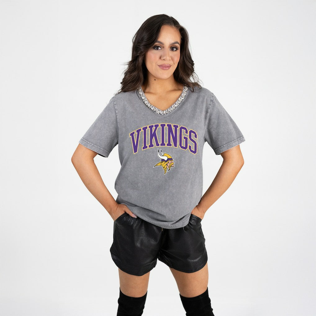 Gameday Couture Women's Relaxed Iconic Edge Rhinestone V-Neck T-Shirt - Minnesota Vikings T-shirts