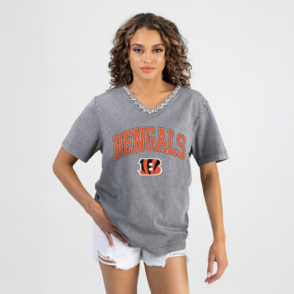Gameday Couture Women's Relaxed Iconic Edge Rhinestone V-Neck T-Shirt - Cincinnati Bengals T-shirts