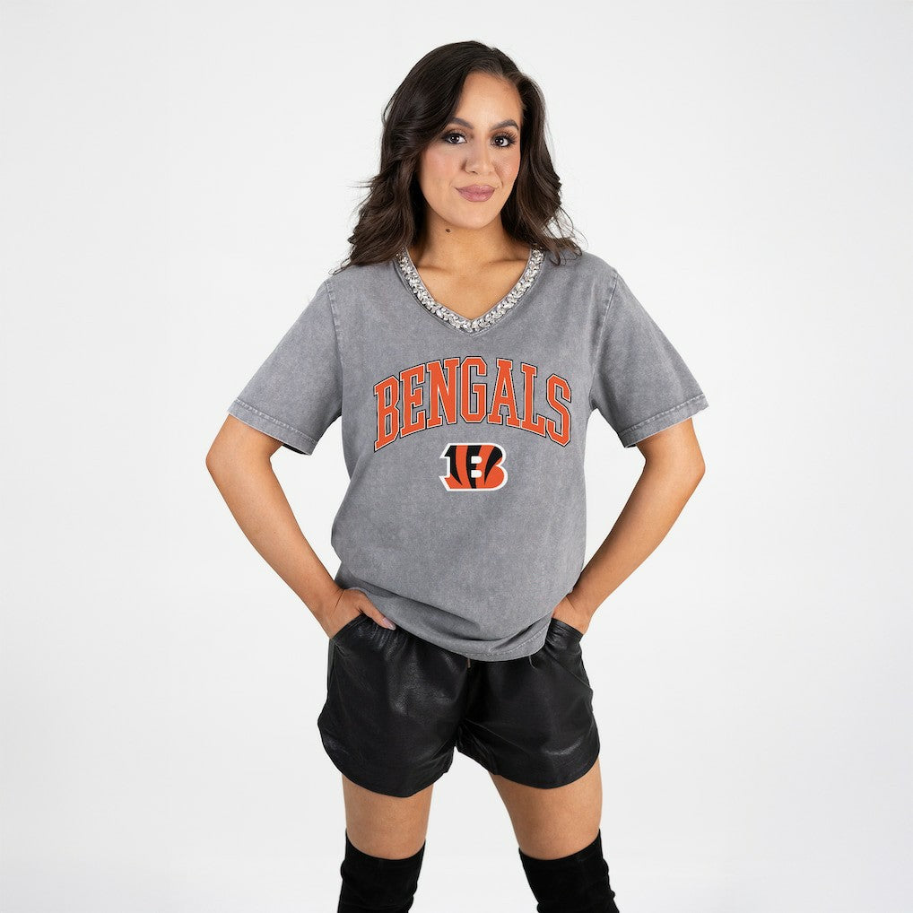 Gameday Couture Women's Relaxed Iconic Edge Rhinestone V-Neck T-Shirt - Cincinnati Bengals T-shirts