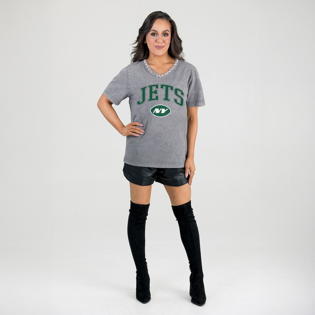 Gameday Couture Women's Relaxed Iconic Edge Rhinestone V-Neck T-Shirt - New York Jets T-shirts