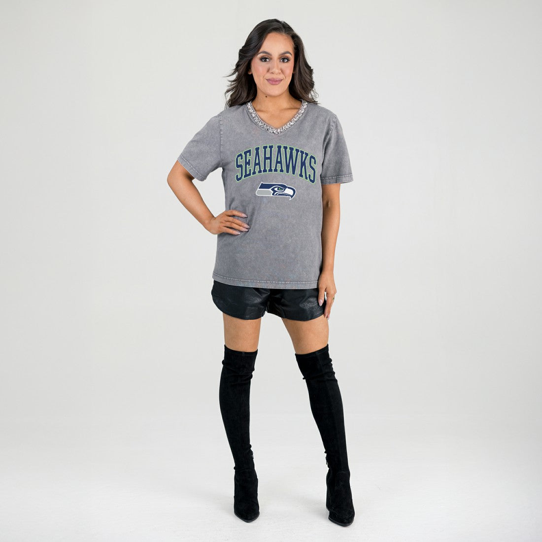 Gameday Couture Women's Relaxed Iconic Edge Rhinestone V-Neck T-Shirt - Seattle Seahawks T-shirts