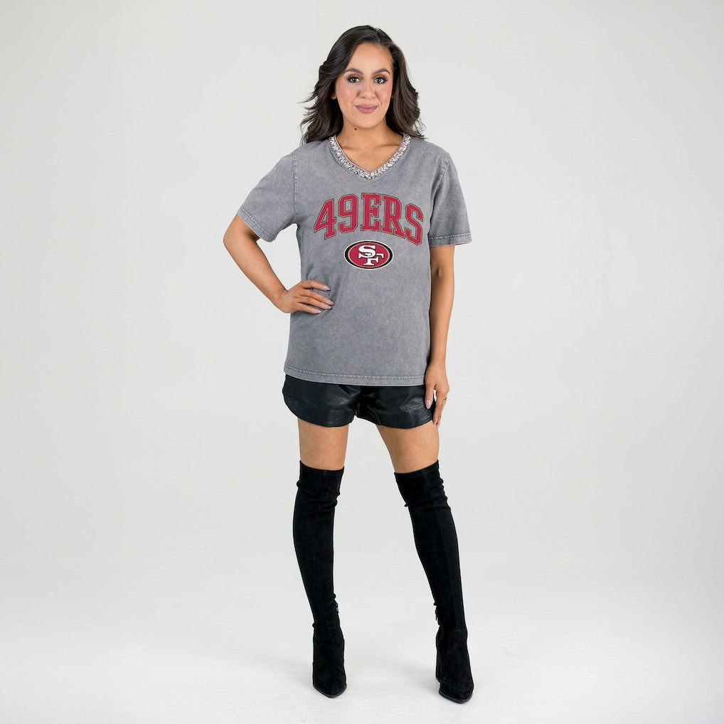Gameday Couture Women's Relaxed Iconic Edge Rhinestone V-Neck T-Shirt - San Francisco 49ers T-shirts
