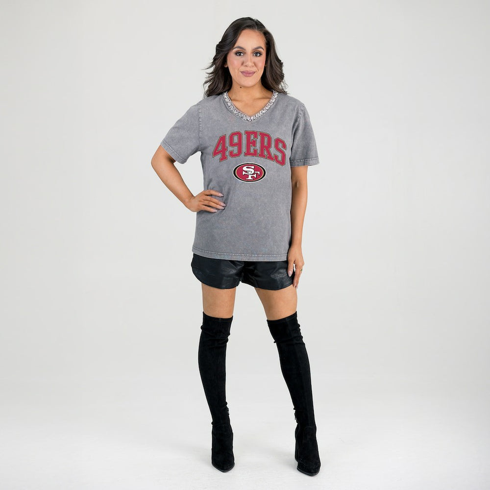 Gameday Couture Women's Relaxed Iconic Edge Rhinestone V-Neck T-Shirt - San Francisco 49ers T-shirts
