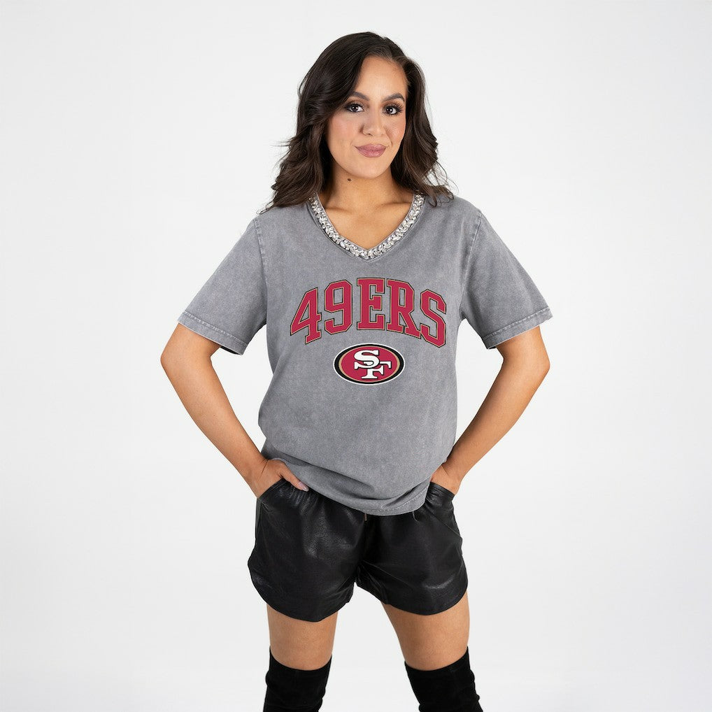 Gameday Couture Women's Relaxed Iconic Edge Rhinestone V-Neck T-Shirt - San Francisco 49ers T-shirts