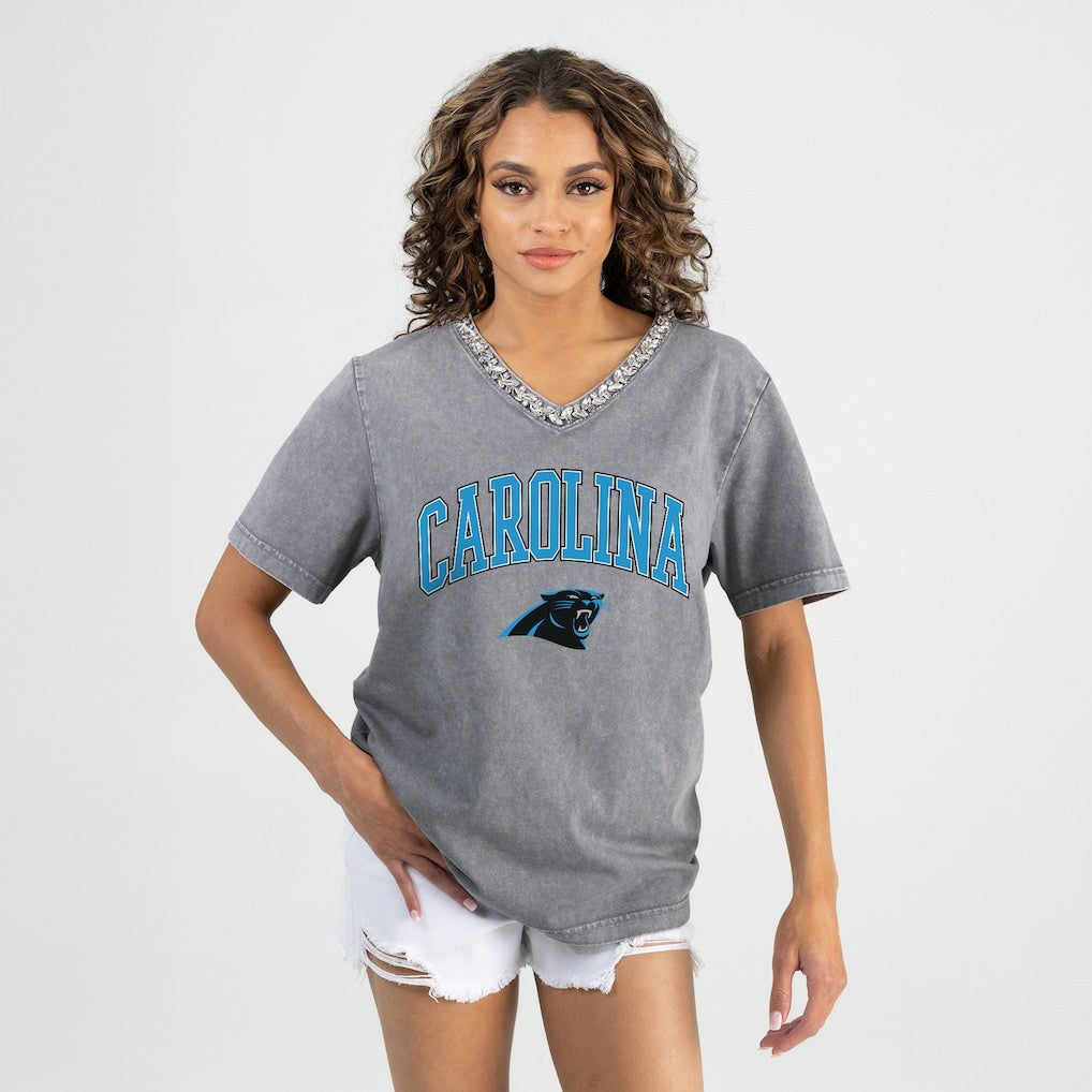 Gameday Couture Women's Relaxed Iconic Edge Rhinestone V-Neck T-Shirt - Carolina Panthers T-shirts