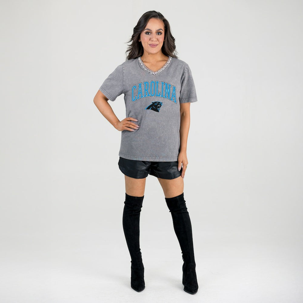 Gameday Couture Women's Relaxed Iconic Edge Rhinestone V-Neck T-Shirt - Carolina Panthers T-shirts