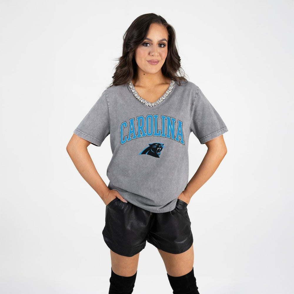 Gameday Couture Women's Relaxed Iconic Edge Rhinestone V-Neck T-Shirt - Carolina Panthers T-shirts
