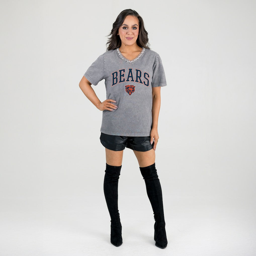 Gameday Couture Women's Relaxed Iconic Edge Rhinestone V-Neck T-Shirt - Chicago Bears T-shirts
