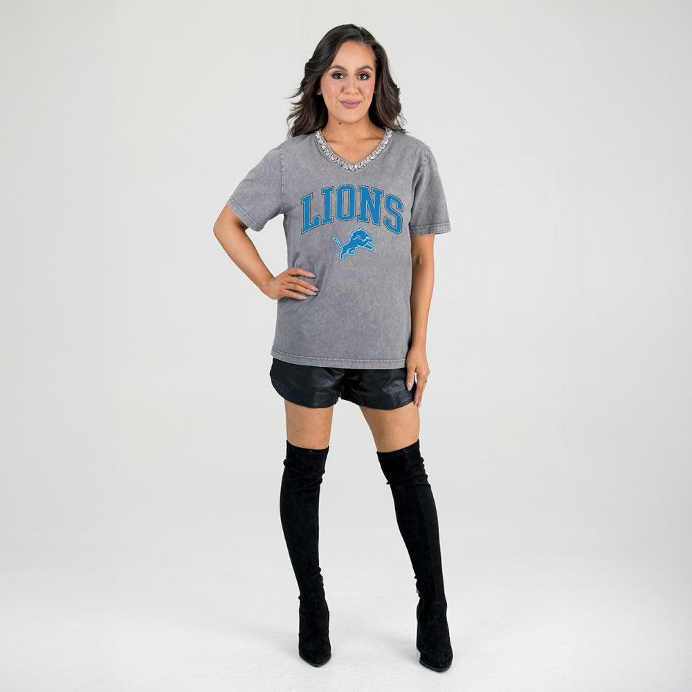 Gameday Couture Women's Relaxed Iconic Edge Rhinestone V-Neck T-Shirt - Detroit Lions T-shirts