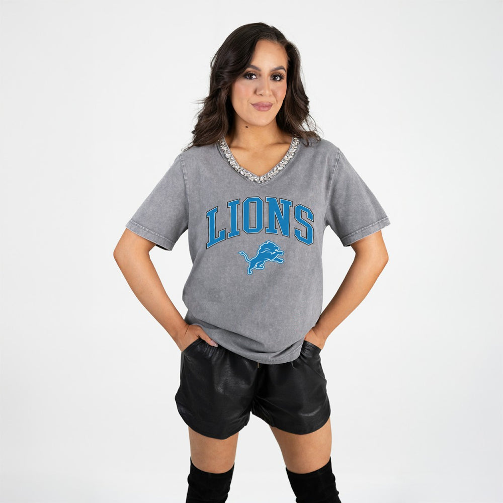 Gameday Couture Women's Relaxed Iconic Edge Rhinestone V-Neck T-Shirt - Detroit Lions T-shirts