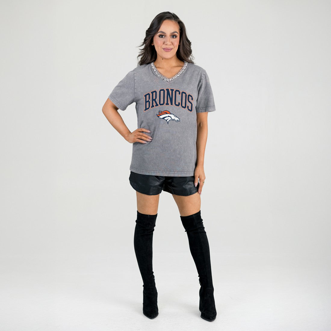 Gameday Couture Women's Relaxed Iconic Edge Rhinestone V-Neck T-Shirt - Denver Broncos T-shirts