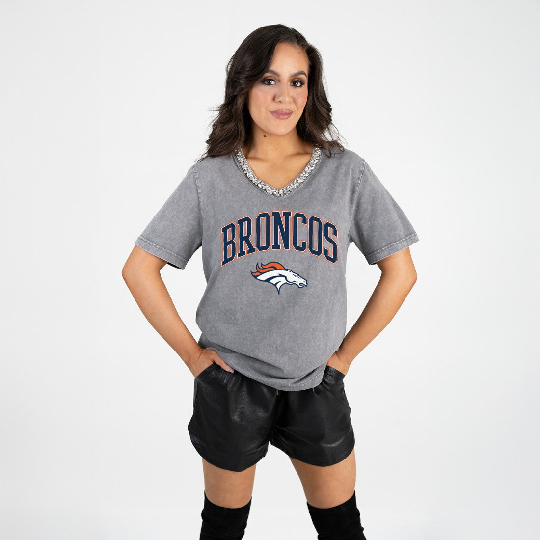 Gameday Couture Women's Relaxed Iconic Edge Rhinestone V-Neck T-Shirt - Denver Broncos T-shirts