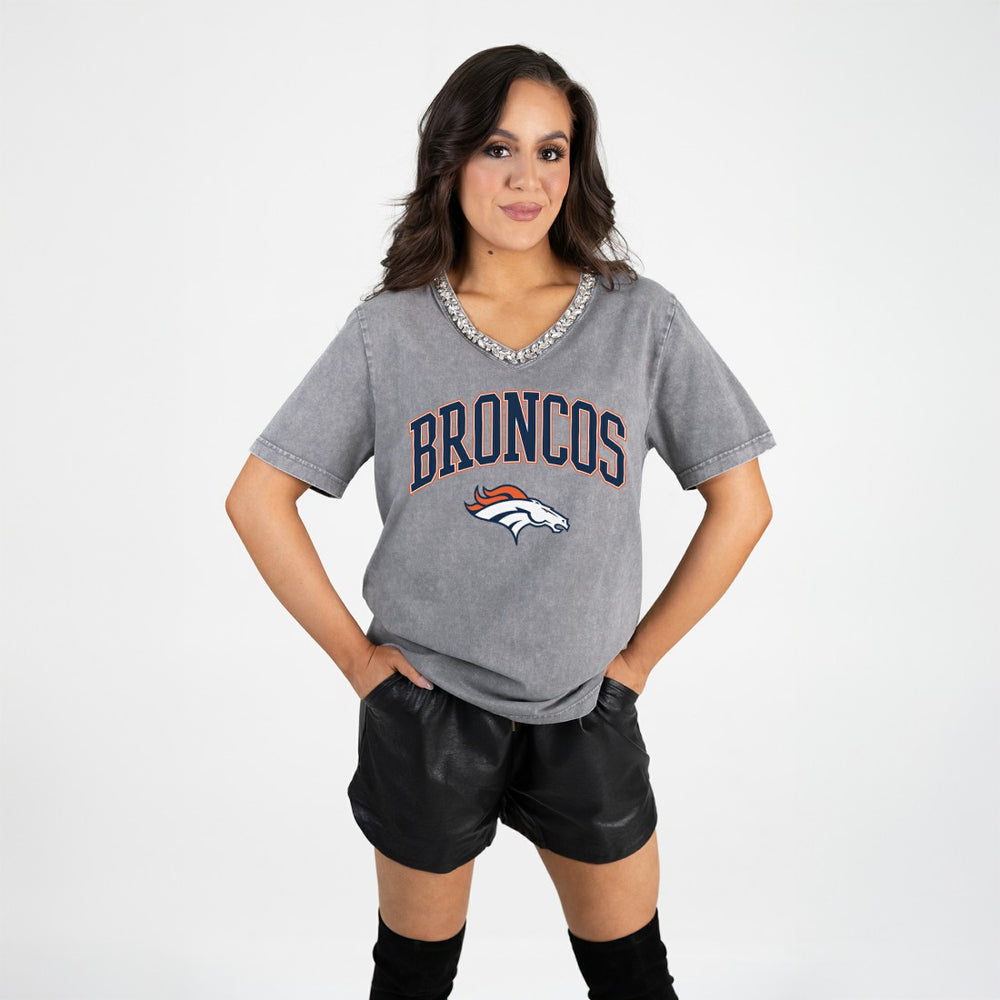 Gameday Couture Women's Relaxed Iconic Edge Rhinestone V-Neck T-Shirt - Denver Broncos T-shirts