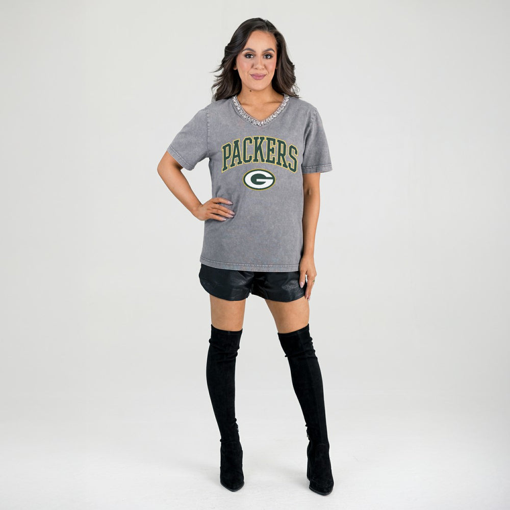 Gameday Couture Women's Relaxed Iconic Edge Rhinestone V-Neck T-Shirt - Green Bay Packers T-shirts