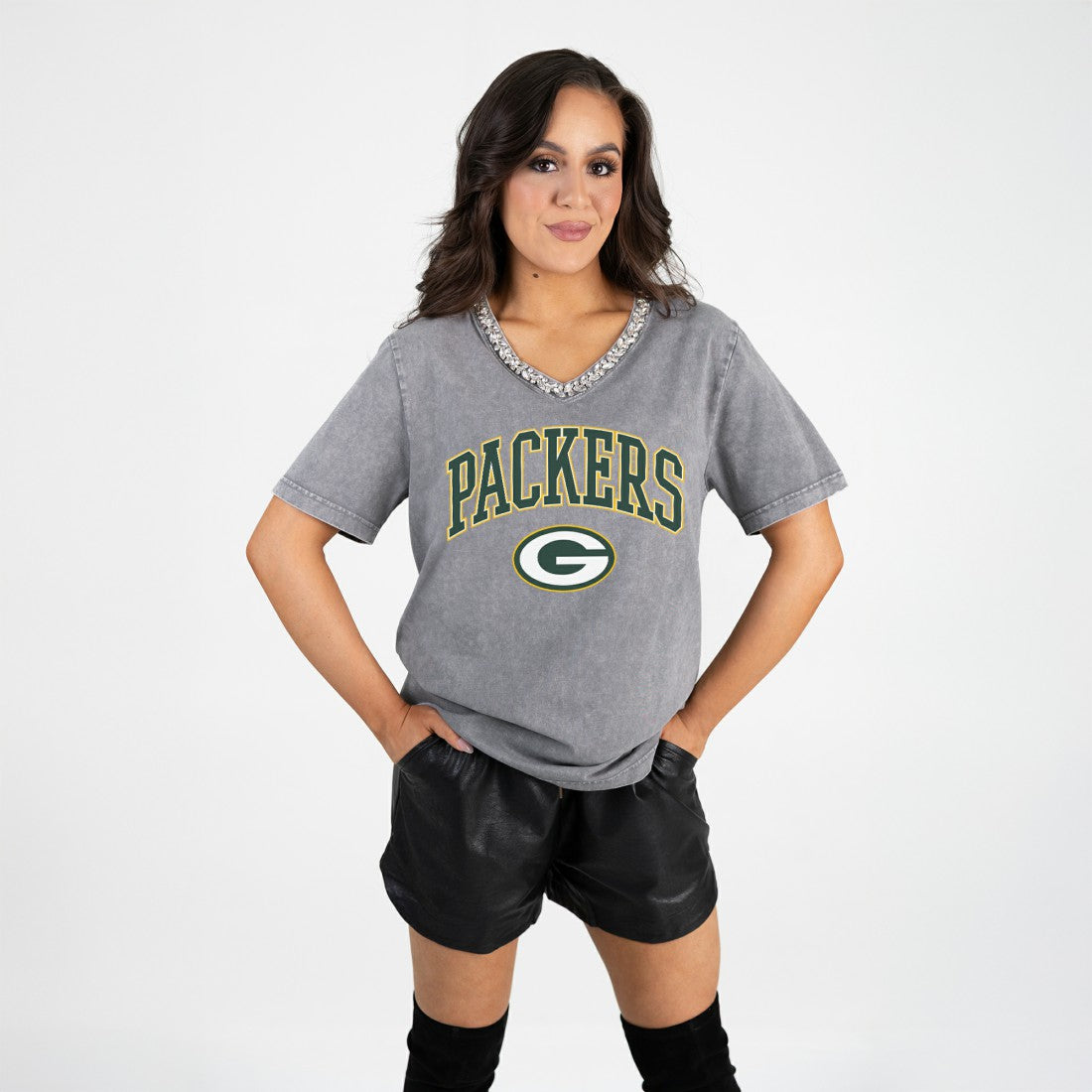 Gameday Couture Women's Relaxed Iconic Edge Rhinestone V-Neck T-Shirt - Green Bay Packers T-shirts