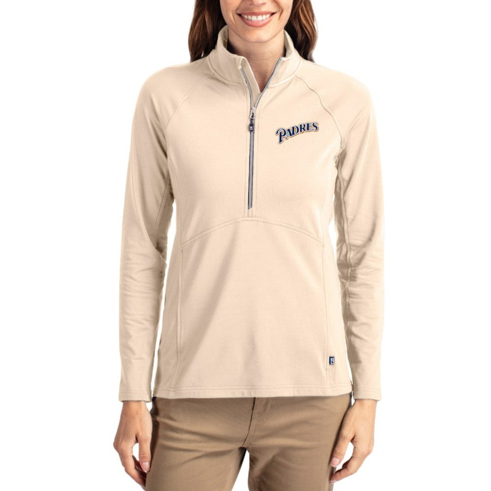 Tan San Diego Padres Cutter & Buck Women's Cooperstown Collection Adapt Eco Knit Stretch Half-Zip Pullover
