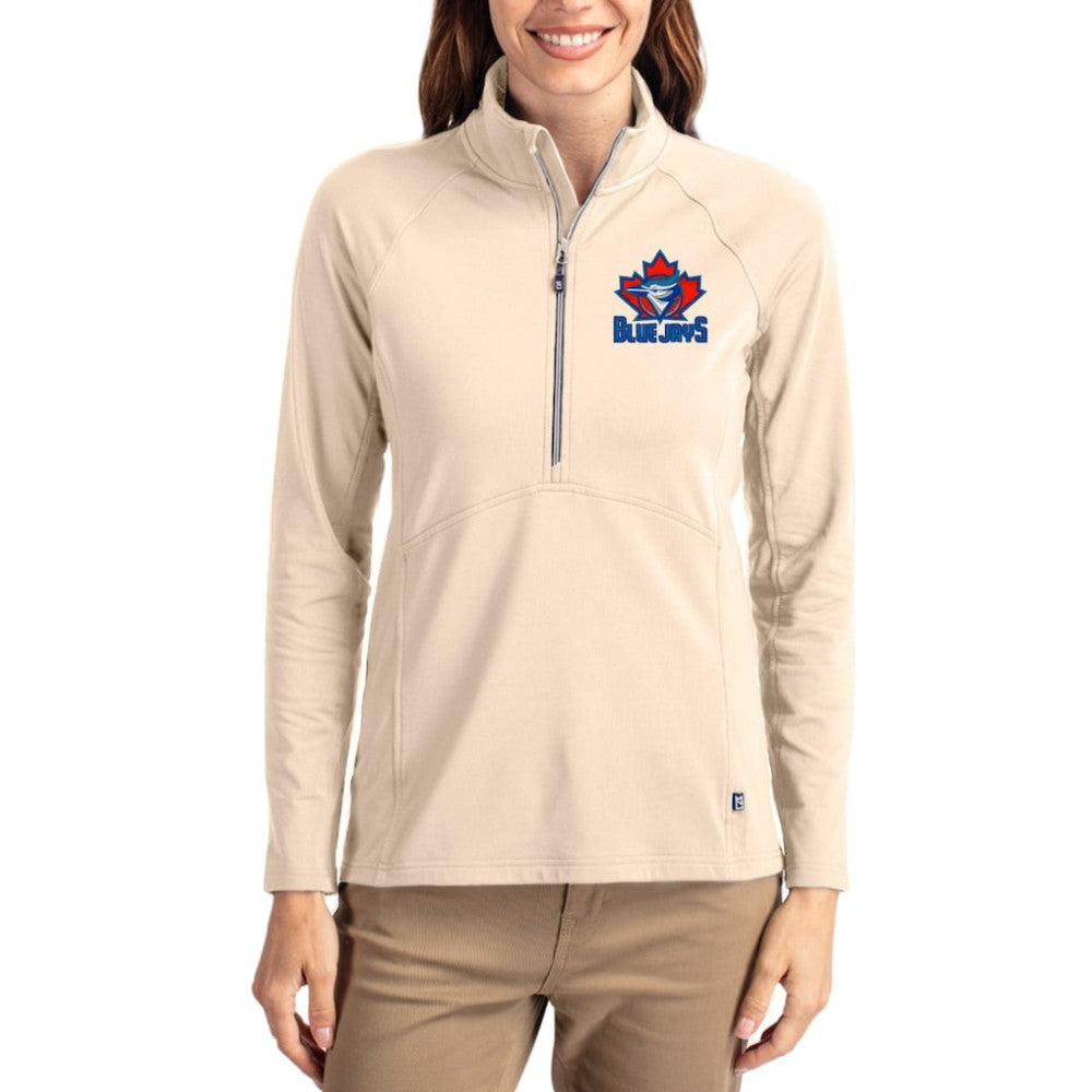 Tan Toronto Blue Jays Cutter & Buck Women's Cooperstown Collection Adapt Eco Knit Stretch Half-Zip Pullover