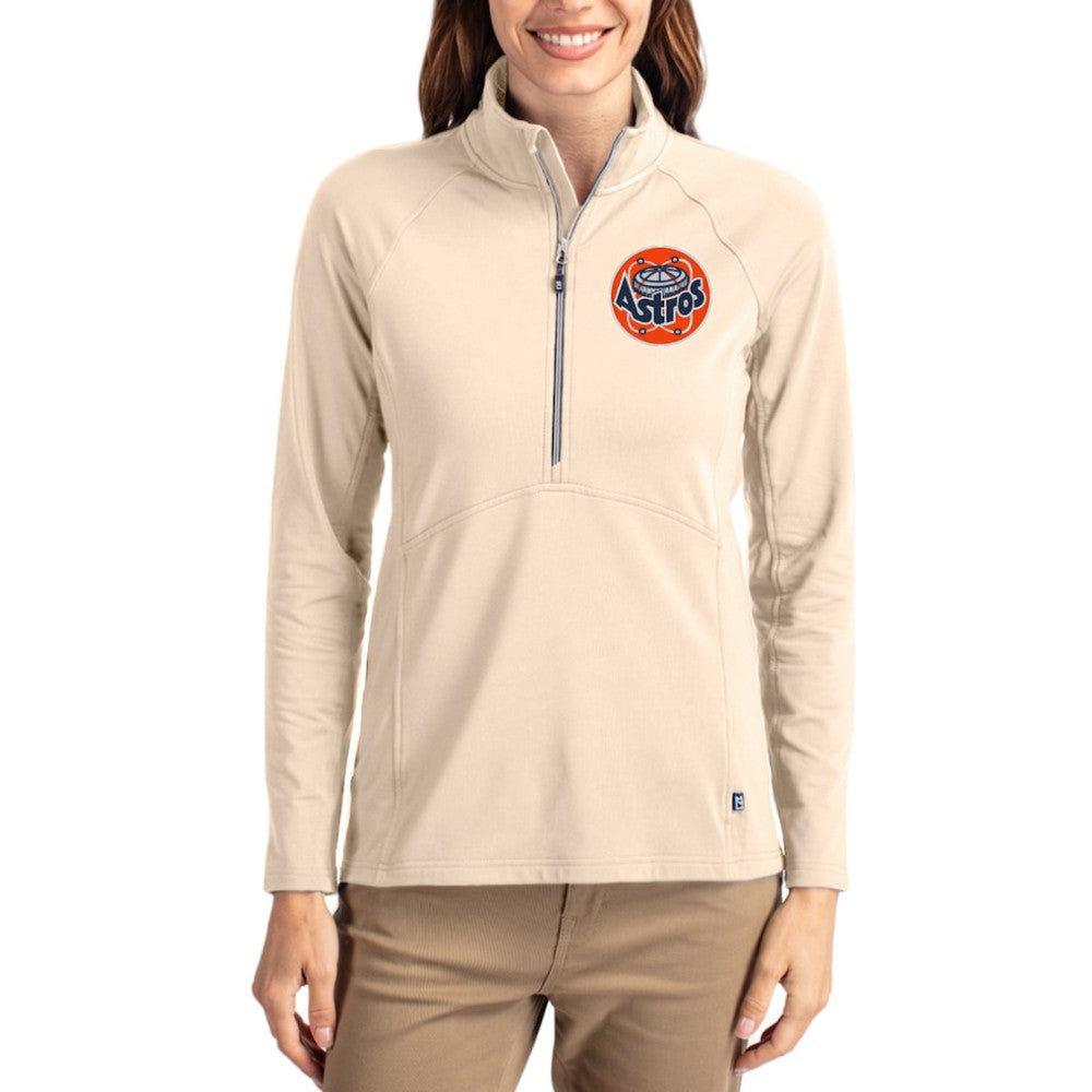 Tan Houston Astros Cutter & Buck Women's Cooperstown Collection Adapt Eco Knit Stretch Half-Zip Pullover