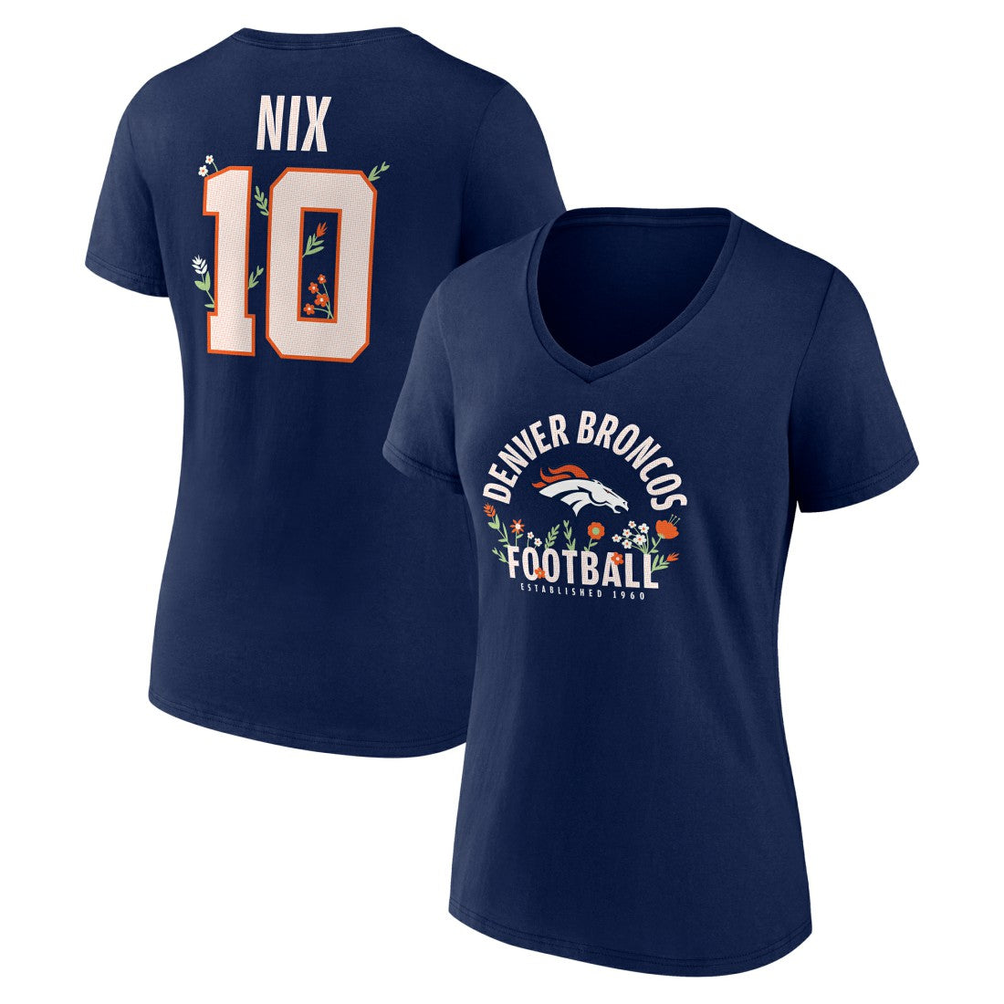 Bo Nix  Women's Floral Name & Number V-Neck T-Shirt - Denver Broncos T-shirts