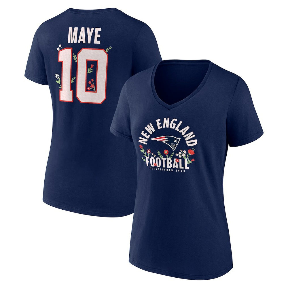 Drake Maye  Women's Floral Name & Number V-Neck T-Shirt - New England Patriots T-shirts