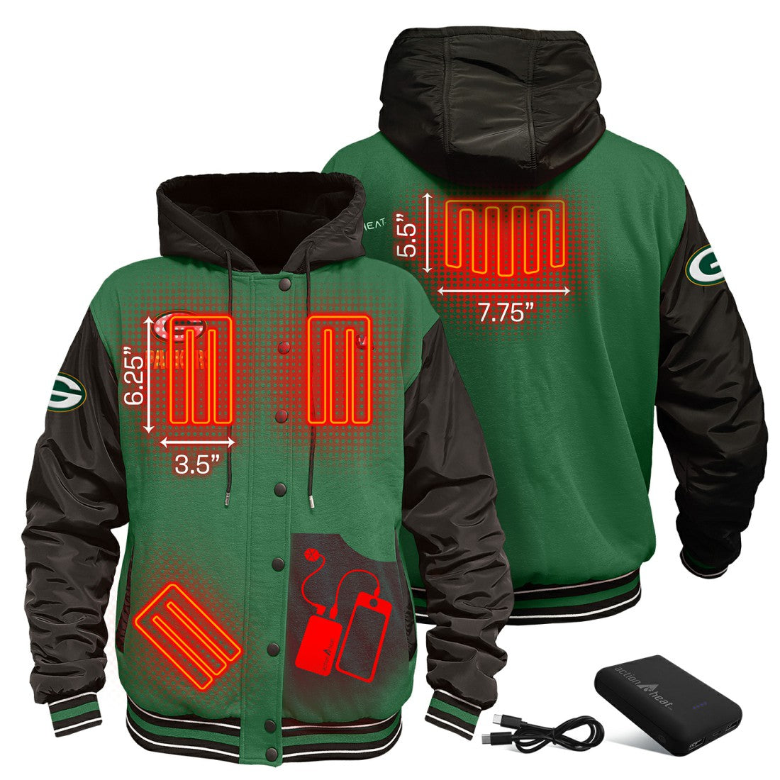 ActionHeat 5V Battery Heated Full-Snap Varsity Jacket - Green Bay Packers Jackets