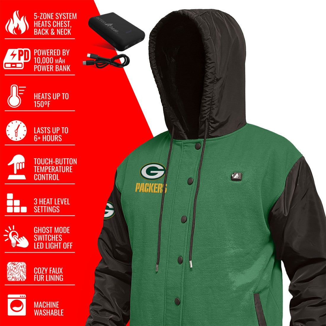 ActionHeat 5V Battery Heated Full-Snap Varsity Jacket - Green Bay Packers Jackets