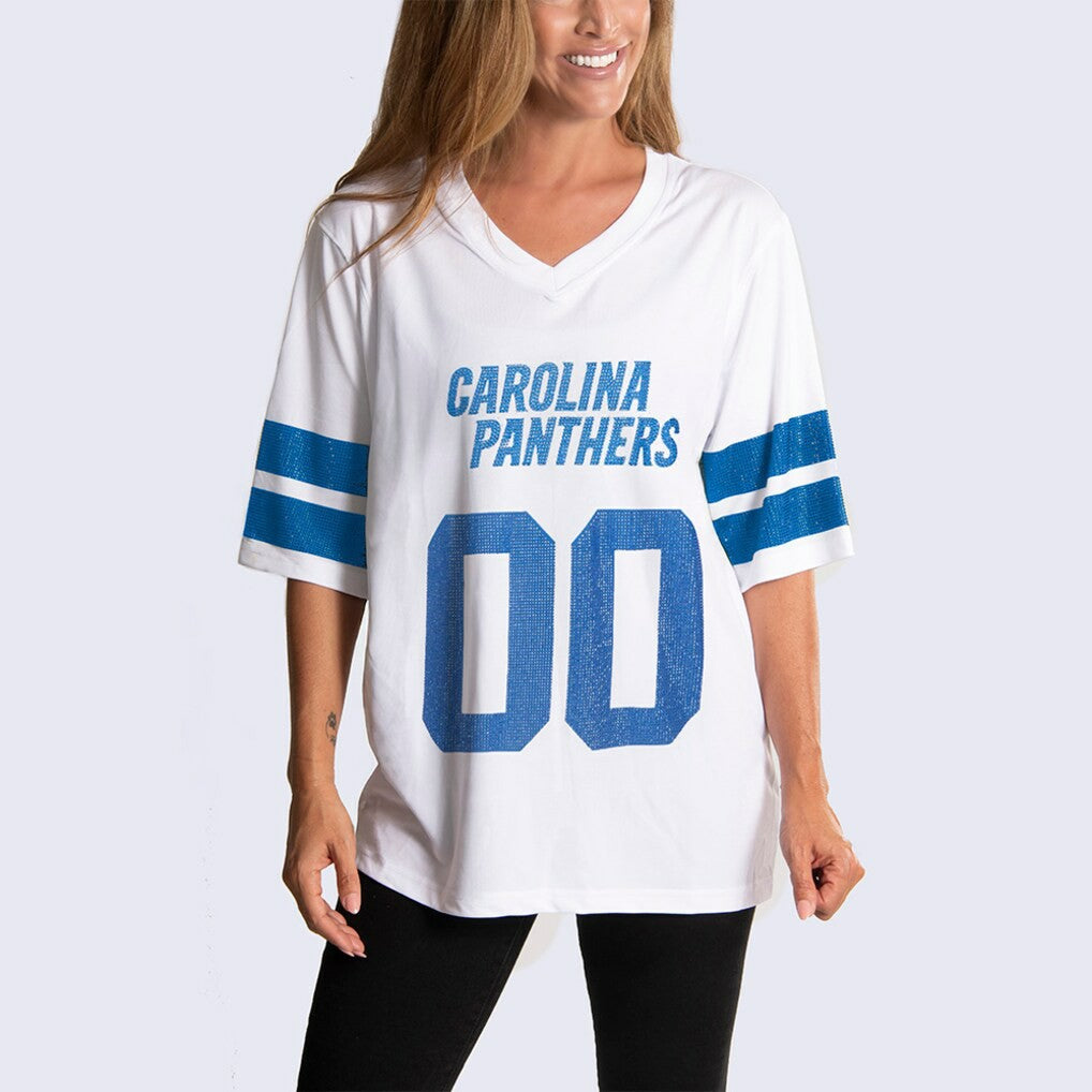 Cuce Women's Rhinestone V-Neck Tunic - Carolina Panthers