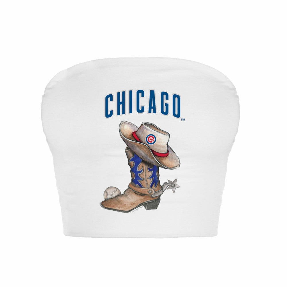 White Chicago Cubs Tiny Turnip Women's Cowboy Boot Crop Tube Top