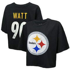 T.J. Watt  Majestic Threads Women's Swarovski Crystals Boxy Cropped Name & Number T-Shirt - Pittsburgh Steelers T-shirts