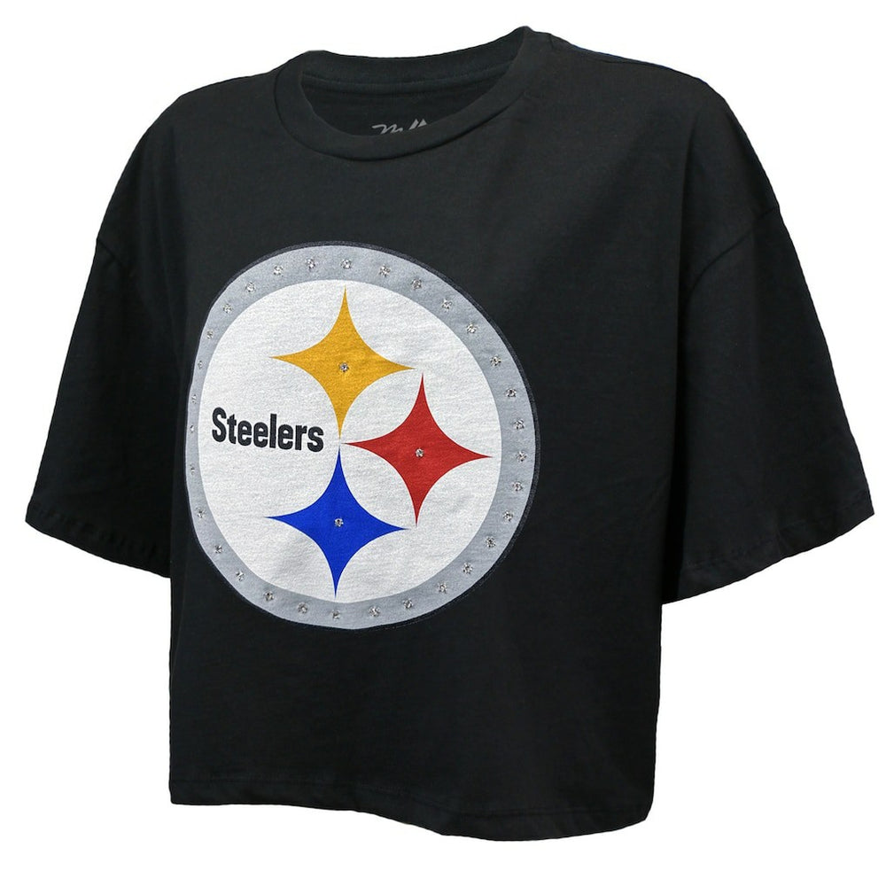 T.J. Watt  Majestic Threads Women's Swarovski Crystals Boxy Cropped Name & Number T-Shirt - Pittsburgh Steelers T-shirts