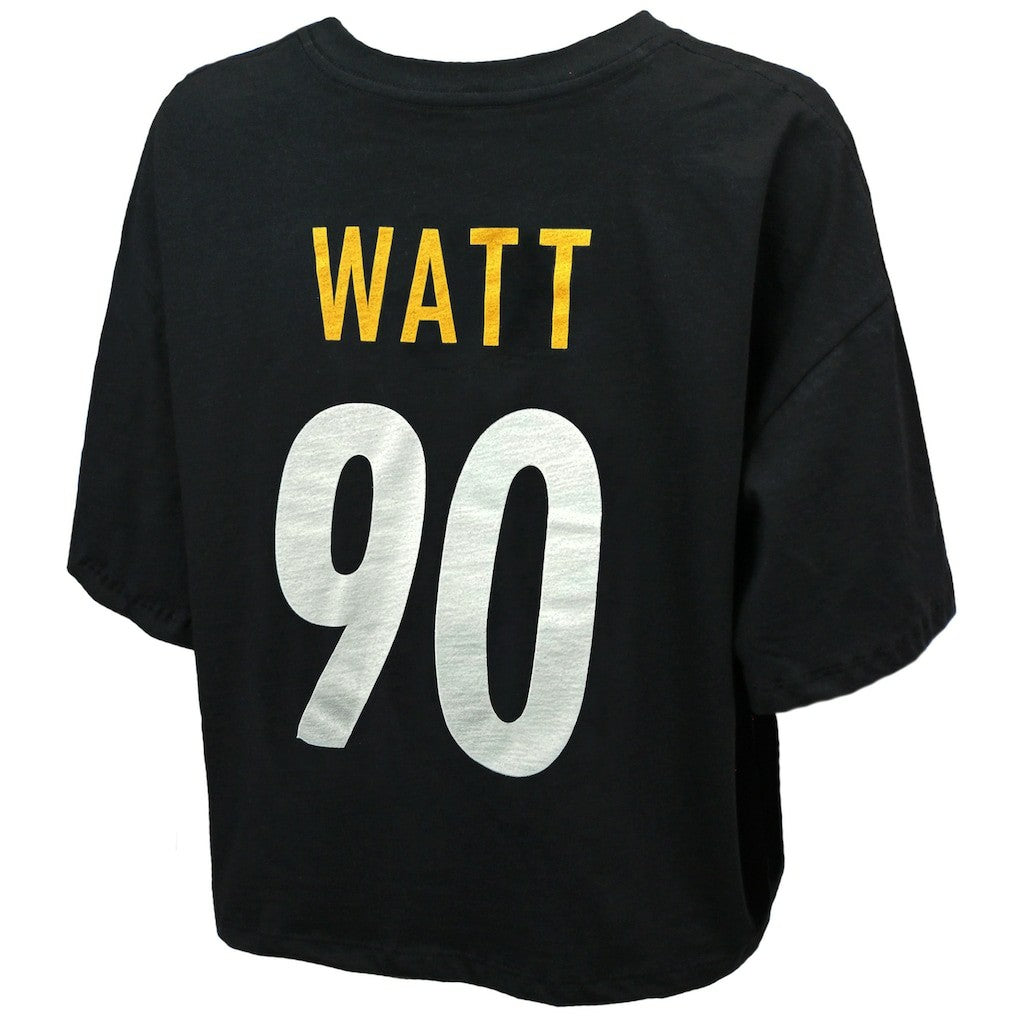 T.J. Watt  Majestic Threads Women's Swarovski Crystals Boxy Cropped Name & Number T-Shirt - Pittsburgh Steelers T-shirts