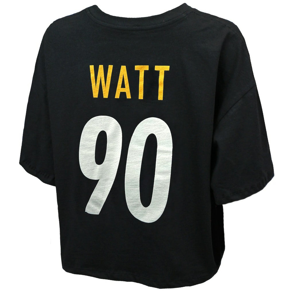T.J. Watt  Majestic Threads Women's Swarovski Crystals Boxy Cropped Name & Number T-Shirt - Pittsburgh Steelers T-shirts