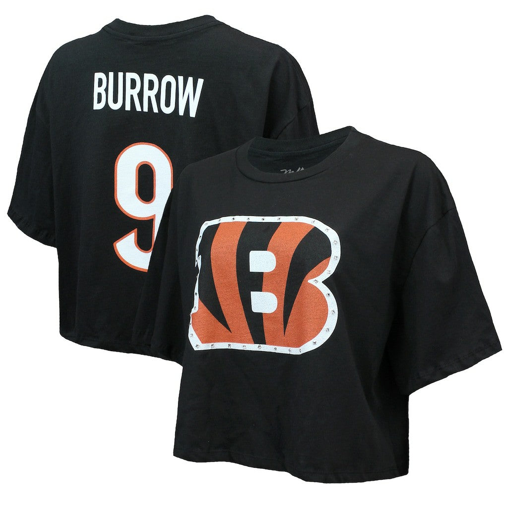 Joe Burrow  Majestic Threads Women's Swarovski Crystals Boxy Cropped Name & Number T-Shirt - Cincinnati Bengals T-shirts
