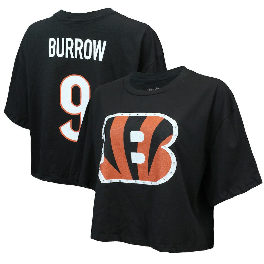 Joe Burrow  Majestic Threads Women's Swarovski Crystals Boxy Cropped Name & Number T-Shirt - Cincinnati Bengals T-shirts