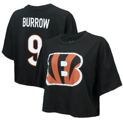 Joe Burrow  Majestic Threads Women's Swarovski Crystals Boxy Cropped Name & Number T-Shirt - Cincinnati Bengals T-shirts