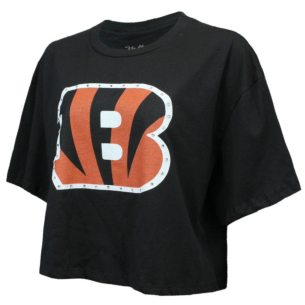 Joe Burrow  Majestic Threads Women's Swarovski Crystals Boxy Cropped Name & Number T-Shirt - Cincinnati Bengals T-shirts