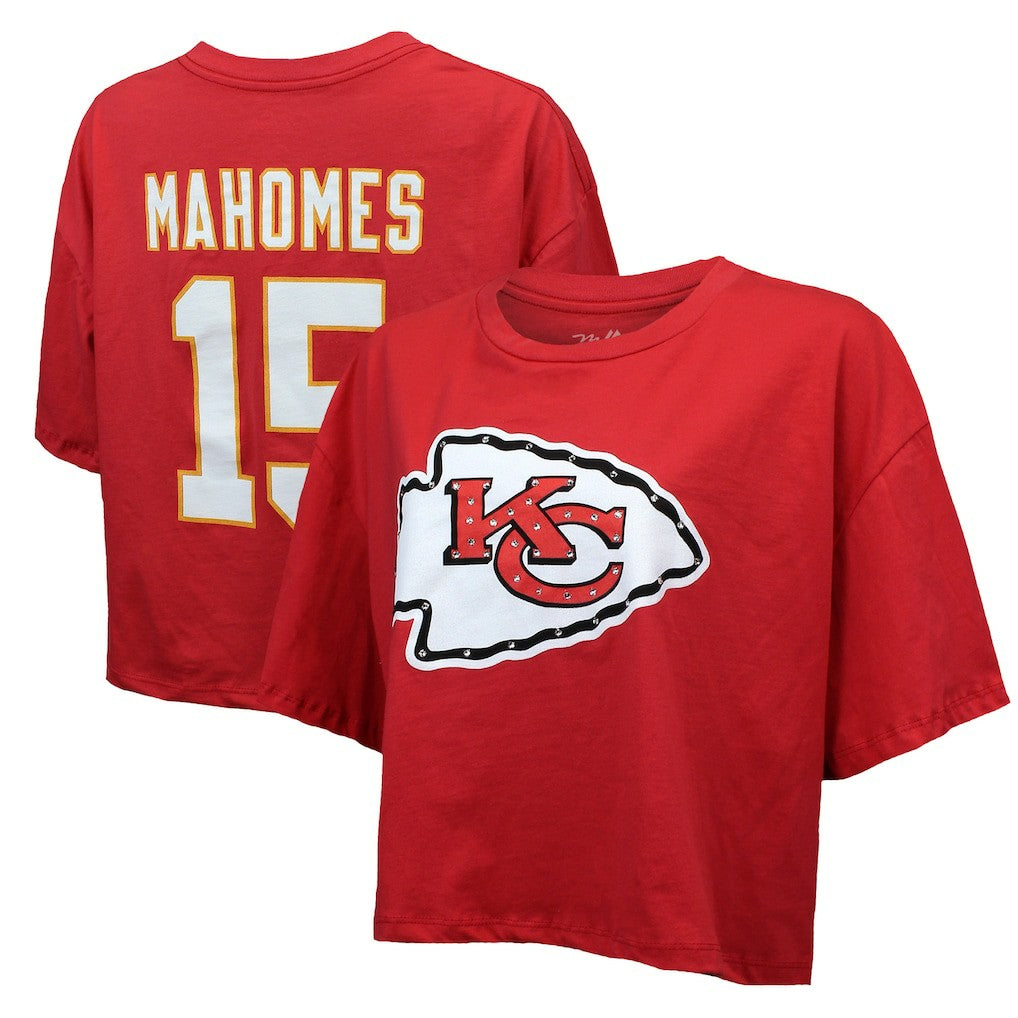 Patrick Mahomes  Majestic Threads Women's Swarovski Crystals Boxy Cropped Name & Number T-Shirt - Kansas City Chiefs T-shirts