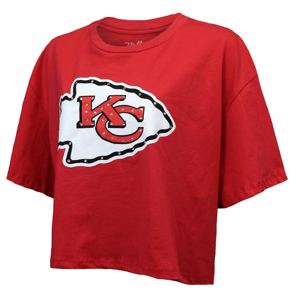 Patrick Mahomes  Majestic Threads Women's Swarovski Crystals Boxy Cropped Name & Number T-Shirt - Kansas City Chiefs T-shirts