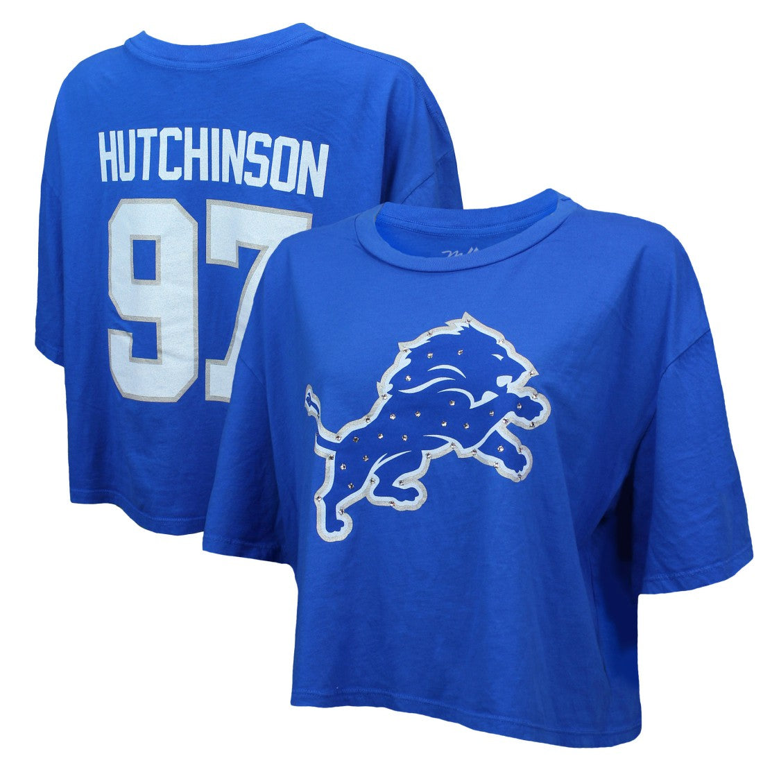 Aidan Hutchinson  Majestic Threads Women's Swarovski Crystals Boxy Cropped Name & Number T-Shirt - Detroit Lions T-shirts