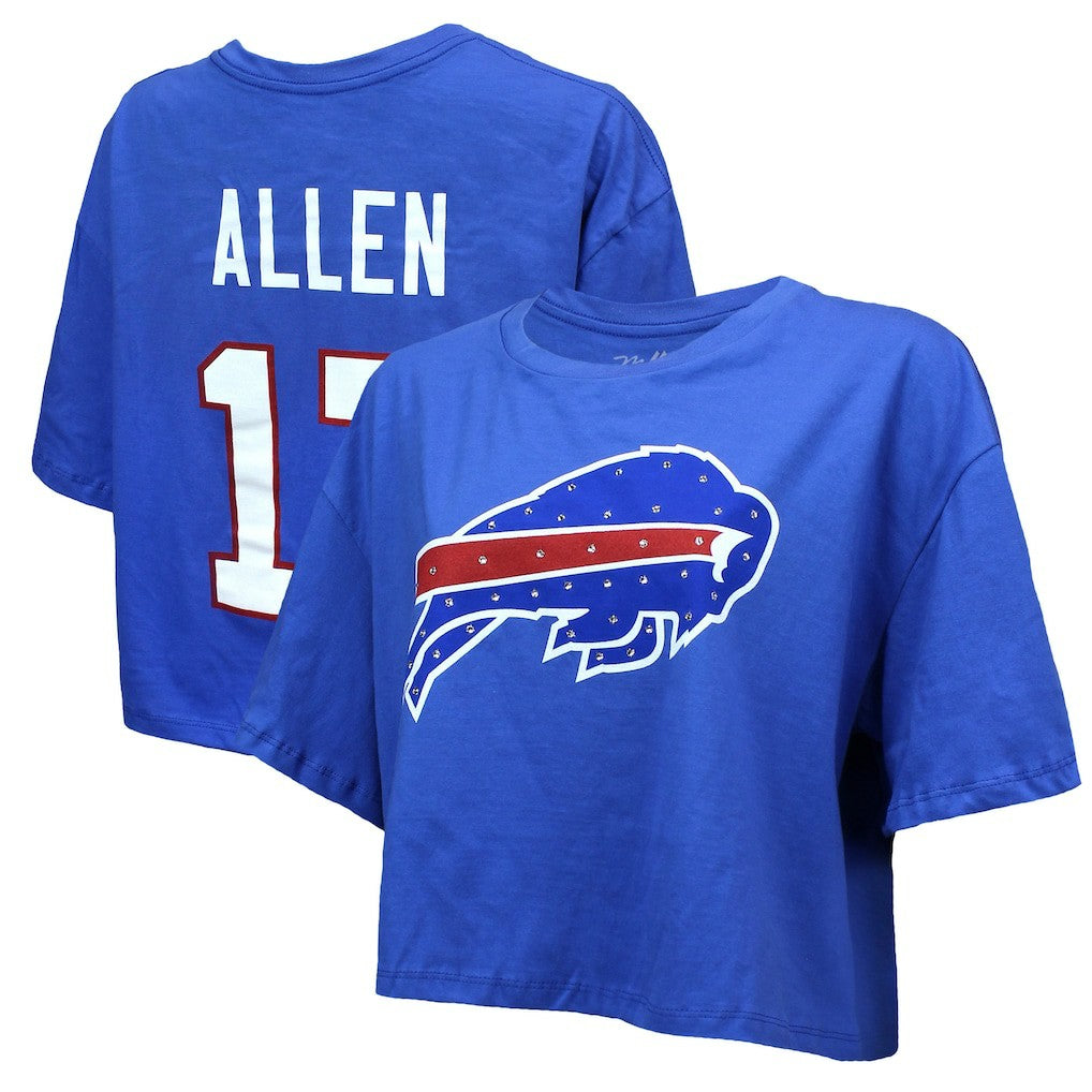 Josh Allen  Majestic Threads Women's Swarovski Crystals Boxy Cropped Name & Number T-Shirt - Buffalo Bills T-shirts