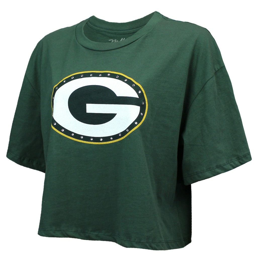 Jordan Love  Majestic Threads Women's Swarovski Crystals Boxy Cropped Name & Number T-Shirt - Green Bay Packers T-shirts