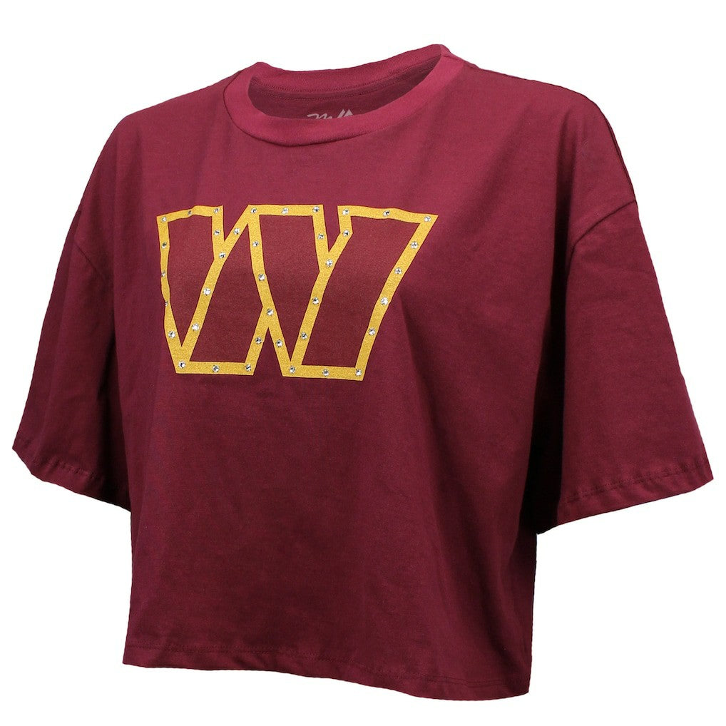 Jayden Daniels  Majestic Threads Women's Swarovski Crystals Boxy Cropped Name & Number T-Shirt - Washington Commanders T-shirts