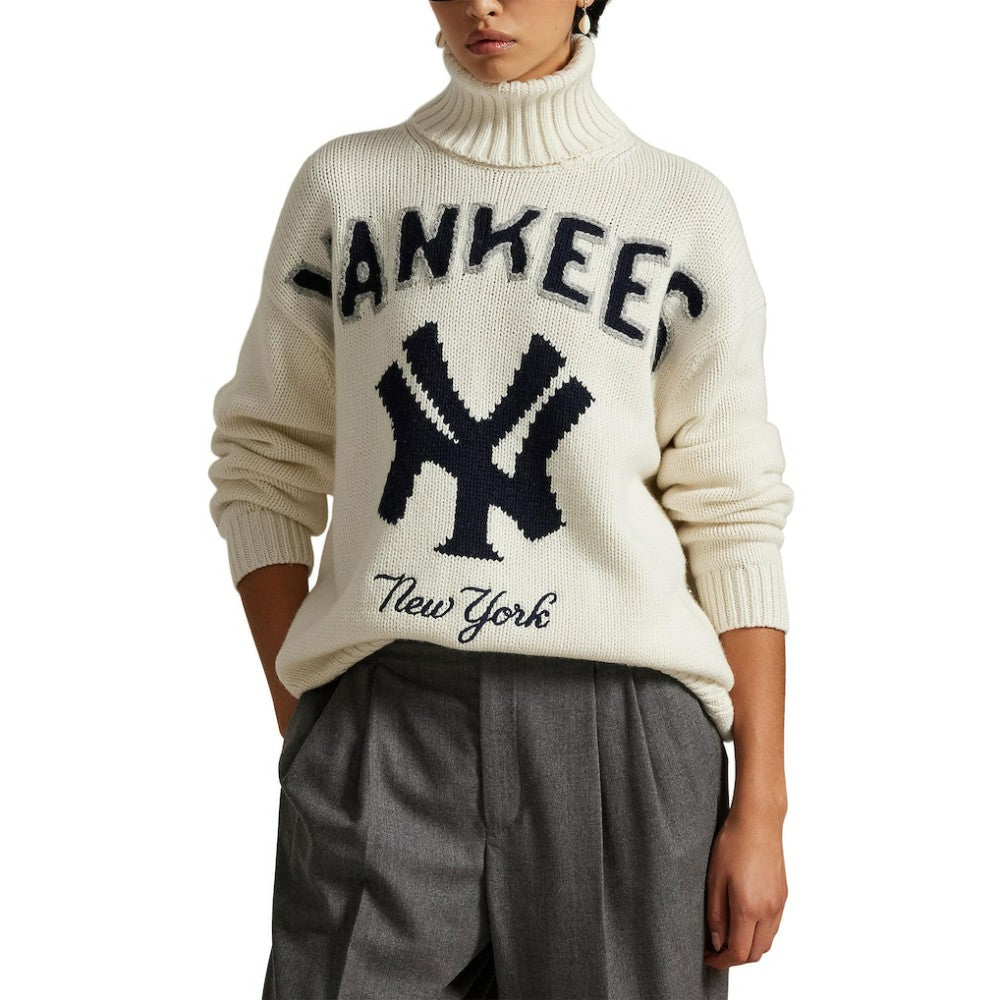 Cream Yankees Polo Ralph Lauren Women's Wool-Blend Turtleneck Sweater